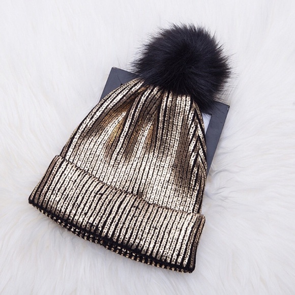 Accessories - SALE! Gold Metallic Stripe Pom Pom Beanies